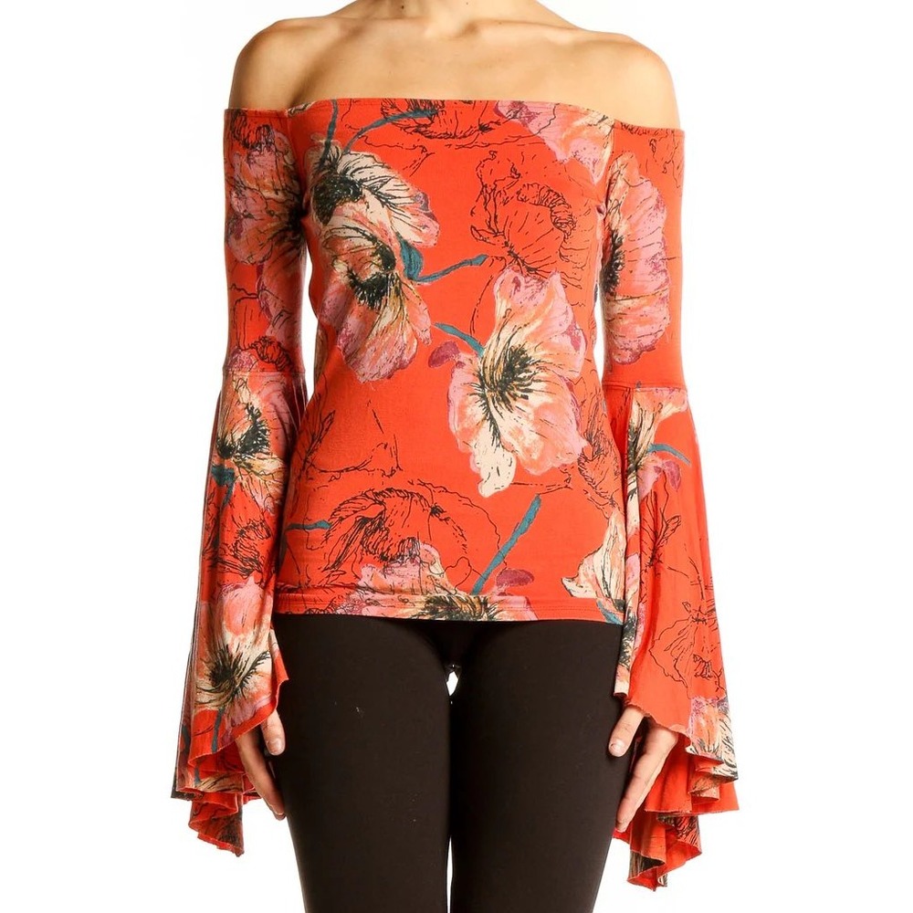 Free People We The Free Orange Floral Bell Sleeve Off Shoulder Top Large